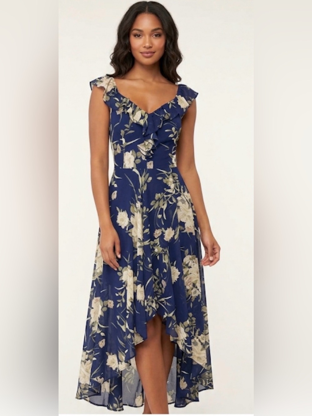 Navy Floral Ruffled High-Low Maxi Dress